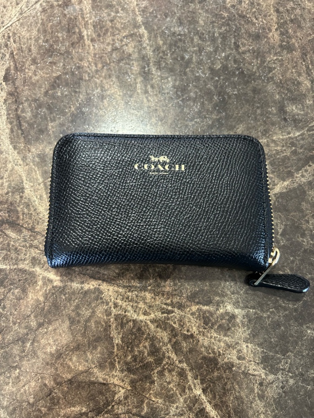 Coach Black Pebbled Leather Zip Card Case with Gold Logo